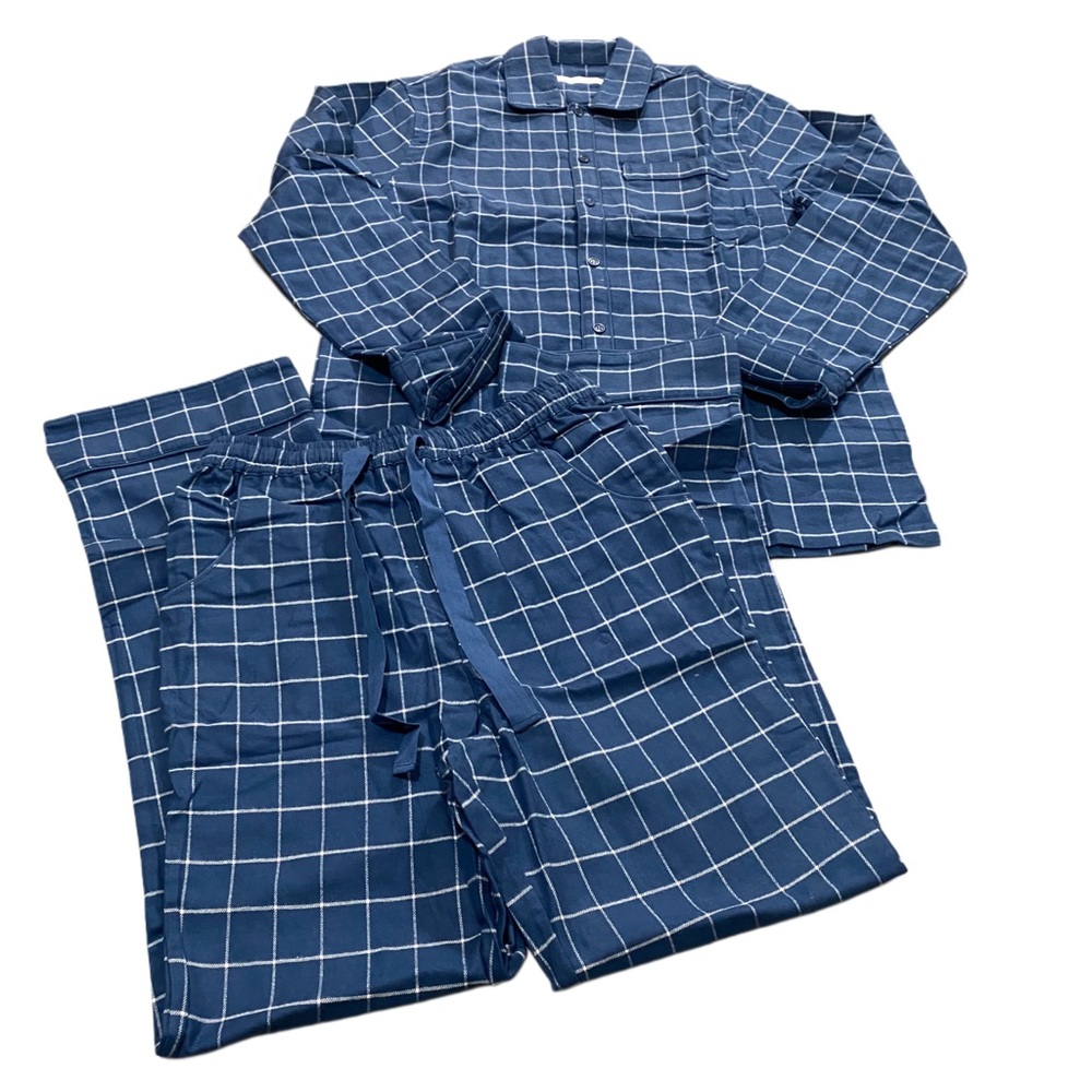 LAKE Navy Blue Windowpane Plaid 2 Pc Pajama Set Mens Flannel Pants Set Size XXS